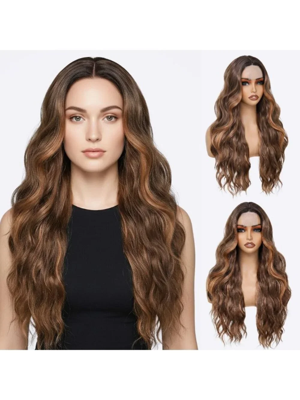 Women's Highlight Brown 26 Inch Charming Middle Part Heat Resistant Fiber Wigs